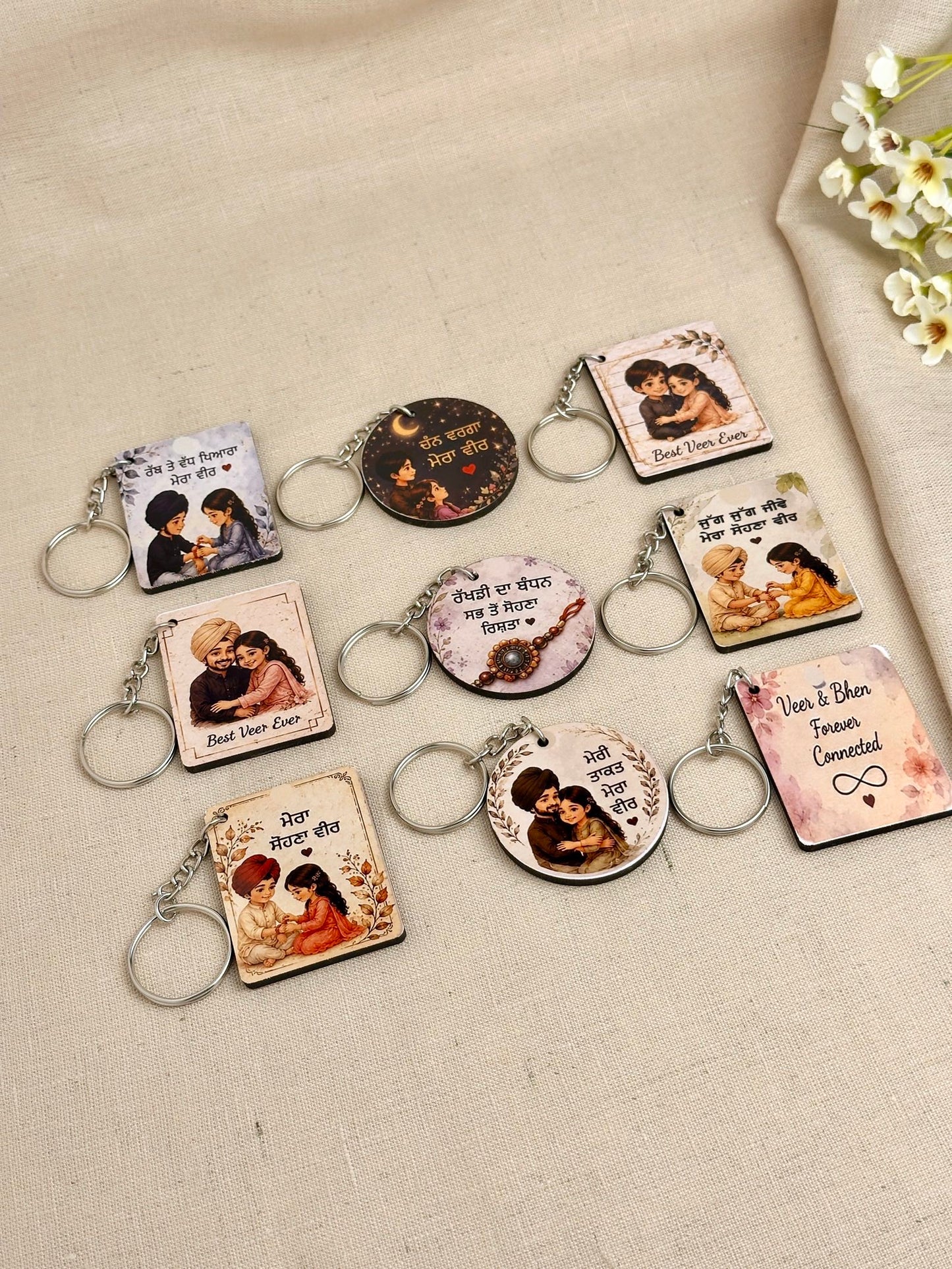 Example of Rakhi Gift Box contents showing different Rakhi designs and age-appropriate gift options.