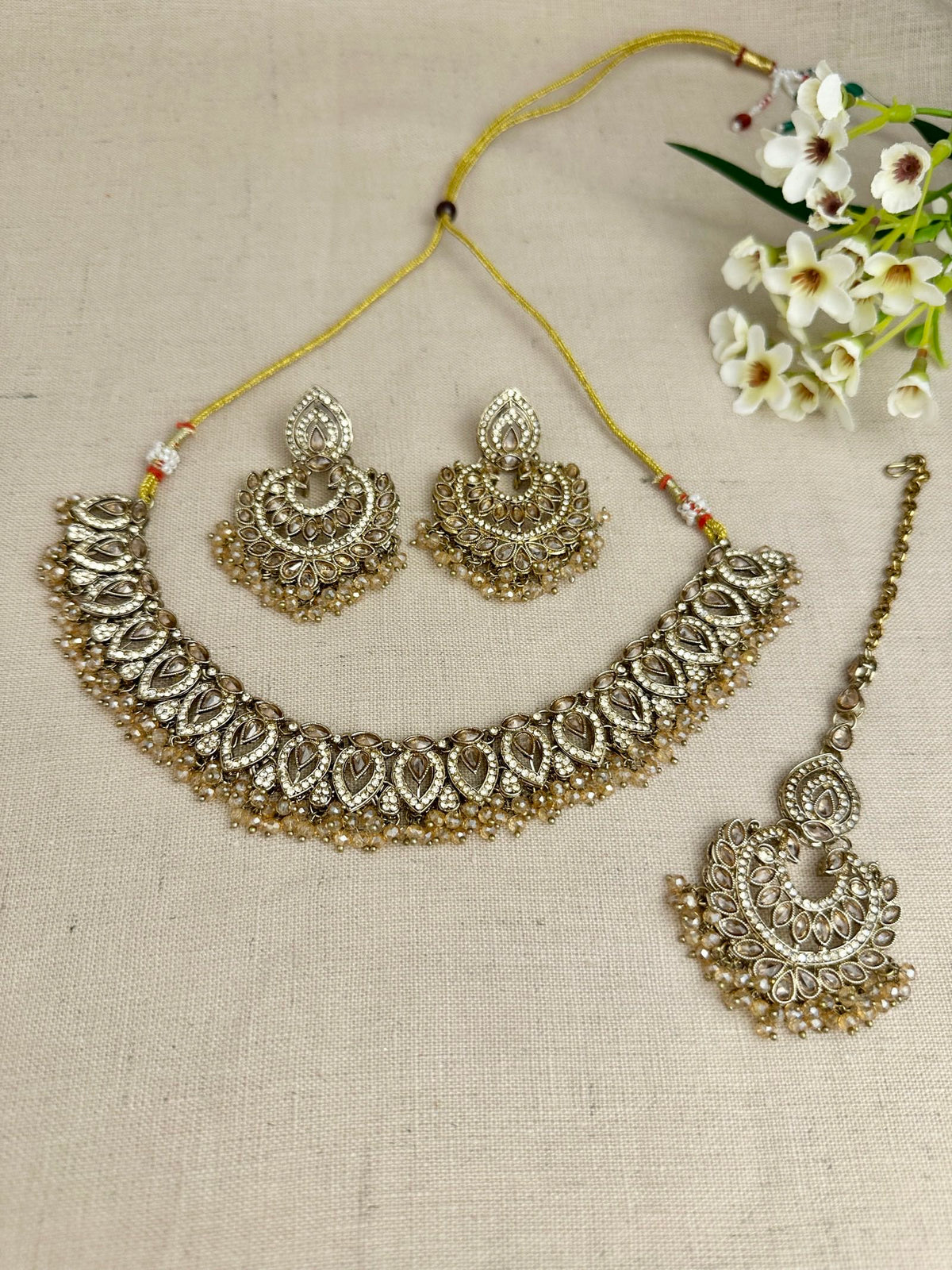 Complete Ziya champagne choker necklace, earrings and tikka jewellery set