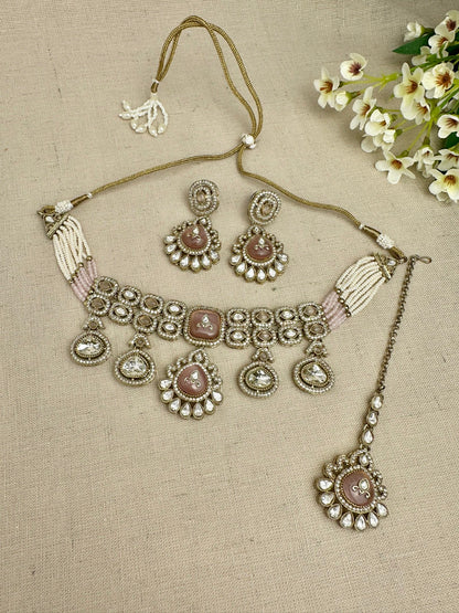 Aarika Heritage Blush Pink kundan choker set with earrings and tikka