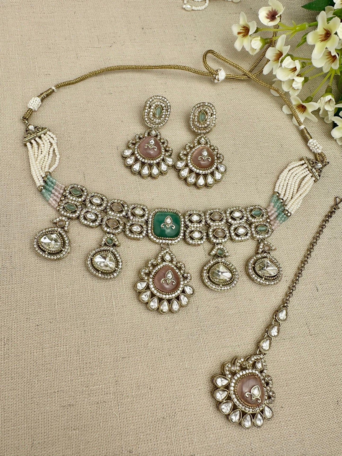 Aarika Heritage Pastel Multicolour kundan choker set with earrings and tikka