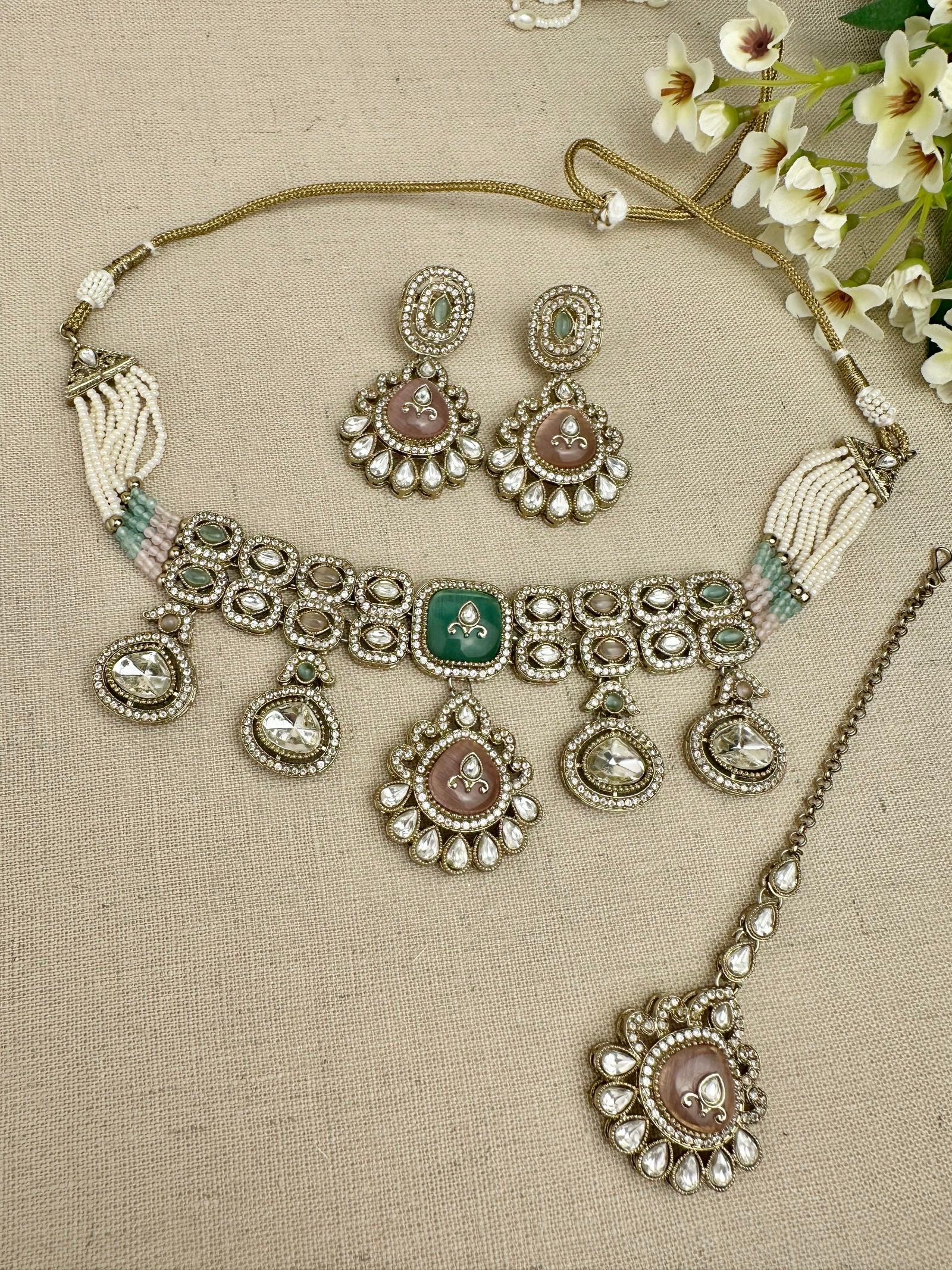 Aarika Heritage Pastel Multicolour kundan choker set with earrings and tikka