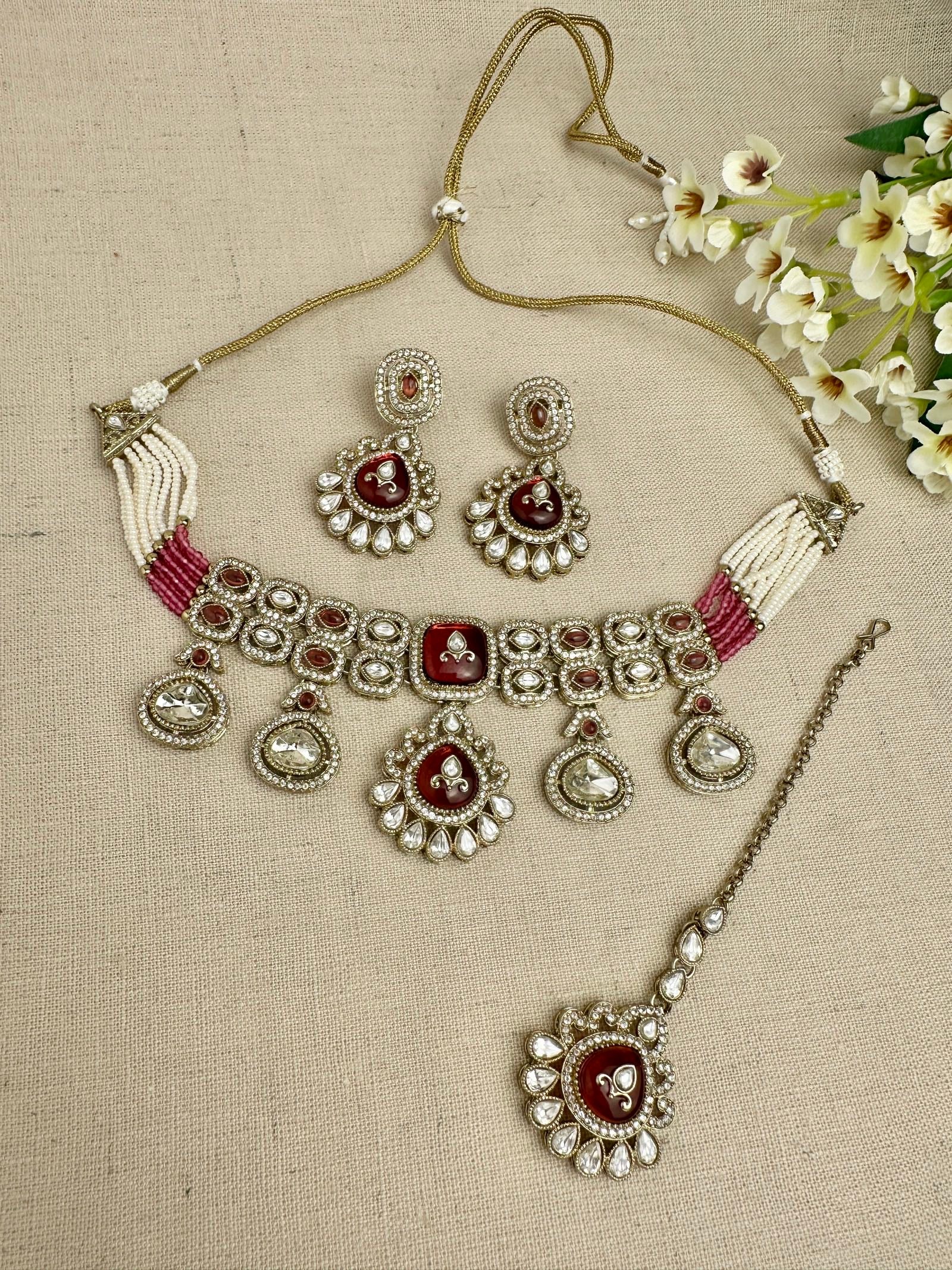 Aarika Heritage Ruby Wine kundan choker set with earrings and tikka