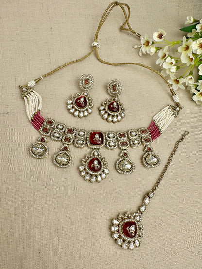 Aarika Heritage Ruby Wine kundan choker set with earrings and tikka
