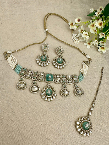Aarika Heritage Mint Green kundan choker set with earrings and tikka