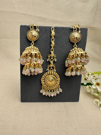 Aarohi Gold-Plated Punjabi Jhumki AND Tikka Set with pink and mint bead detailing.