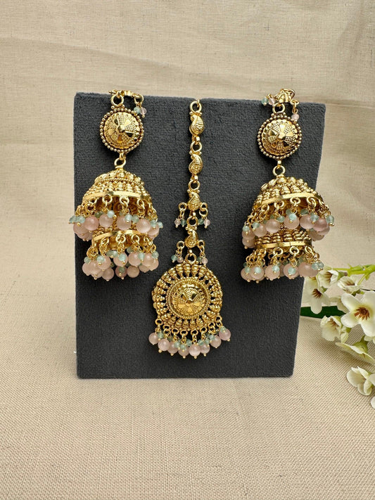 Aarohi Gold-Plated Punjabi Jhumki AND Tikka Set with pink and mint bead detailing.