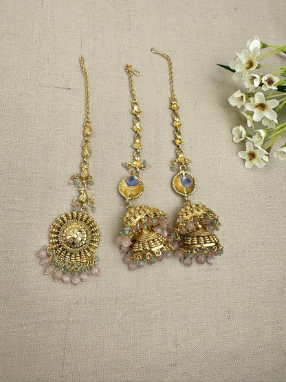 Back view of the Aarohi Gold-Plated Punjabi Jhumki AND Tikka Set showing the earring posts, sahara chains and maang tikka.