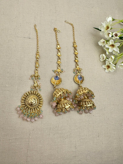 Back view of the Aarohi Gold-Plated Punjabi Jhumki AND Tikka Set showing the earring posts, sahara chains and maang tikka.