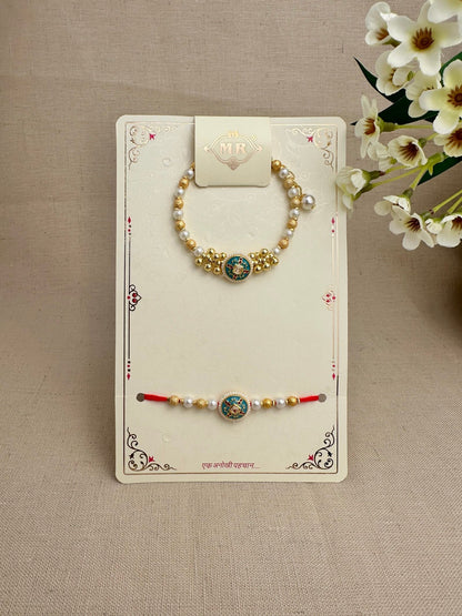 Anmol Design 2 turquoise and pearl Rakhi with matching bhabhi lumba