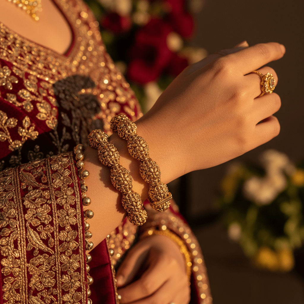 Divyansha antique gold kangan bangles luxury lifestyle shot on wrist