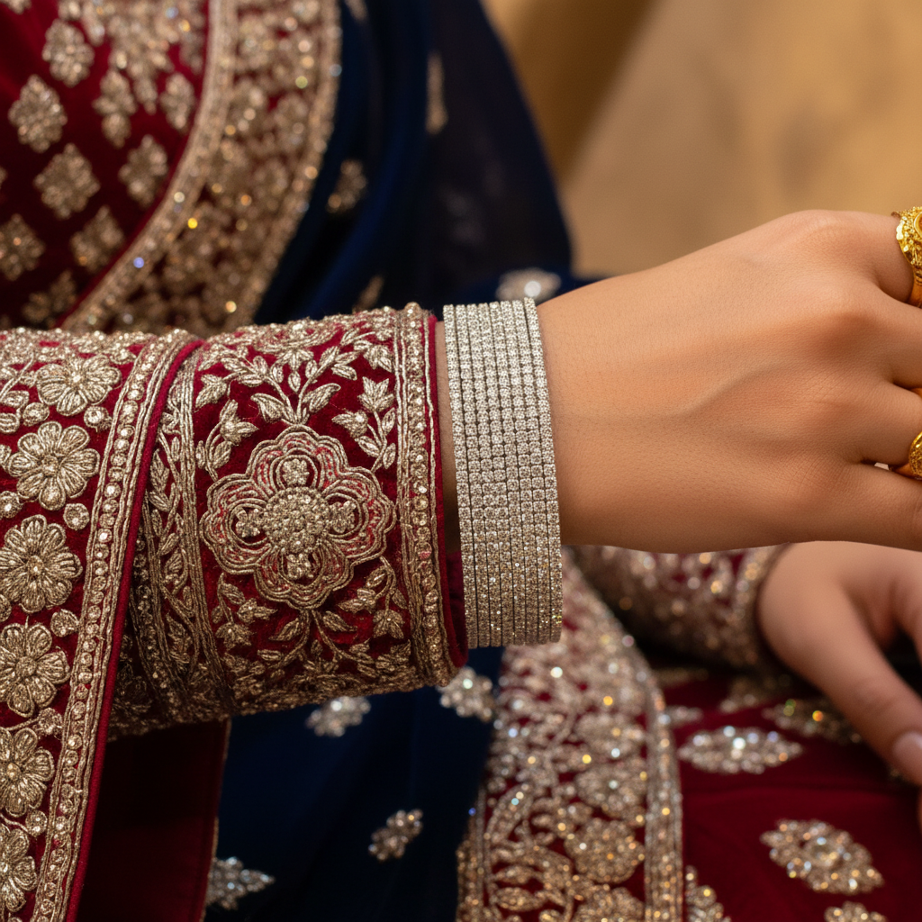 Sophia AD bangle set bridal styled shot with silver embroidered traditional attire