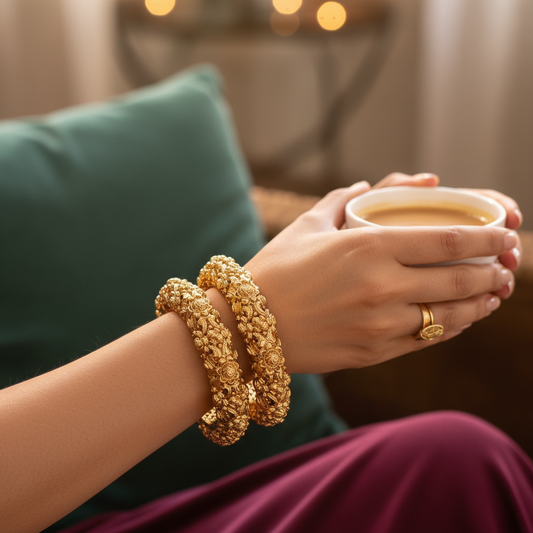Dripti antique gold kangan bangles luxury lifestyle shot on wrist