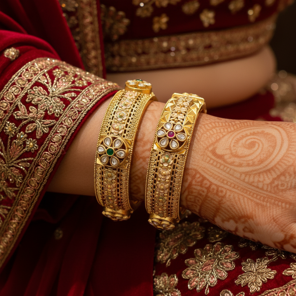 Dipasha gold kangan bridal styled shot with traditional attire