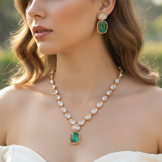 Jaya caret plated necklace set outdoor lifestyle shot with natural sunlight