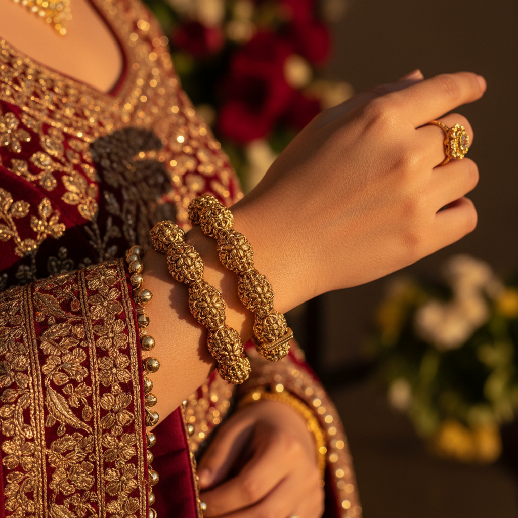 Divyansha antique gold kangan bangles luxury lifestyle shot on wrist