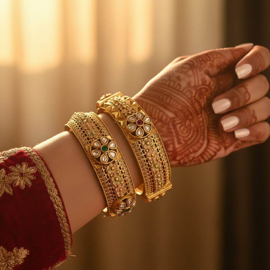 Dipasha antique gold kangan bangles luxury lifestyle shot on wrist