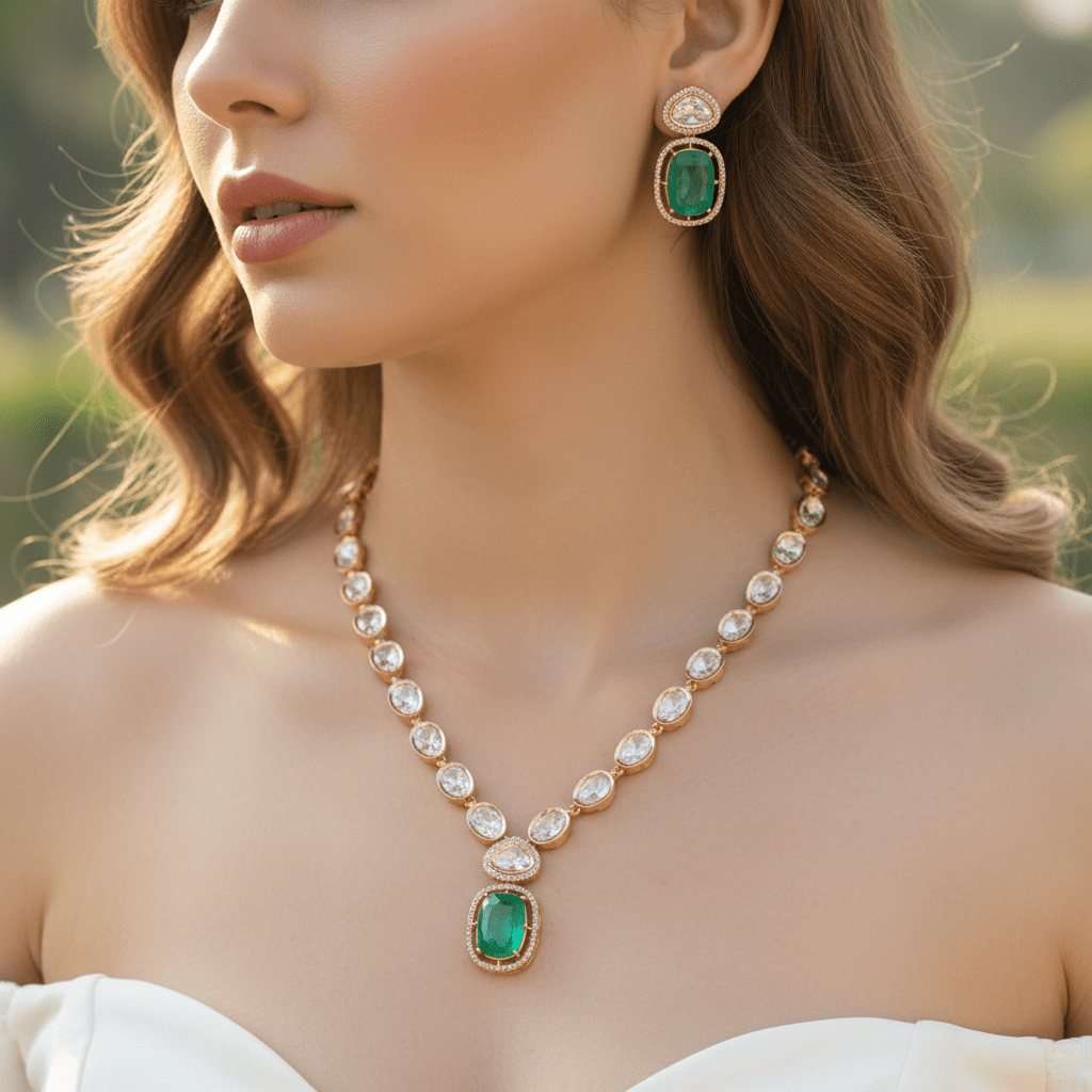Jaya caret plated necklace set outdoor lifestyle shot with natural sunlight