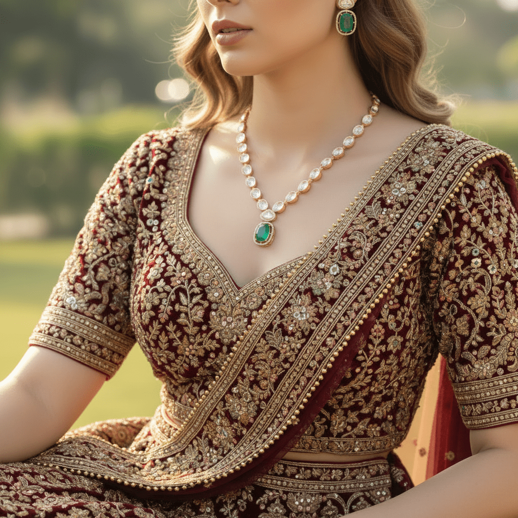 Jaya caret plated necklace set with earrings on model in luxurious traditional outfit