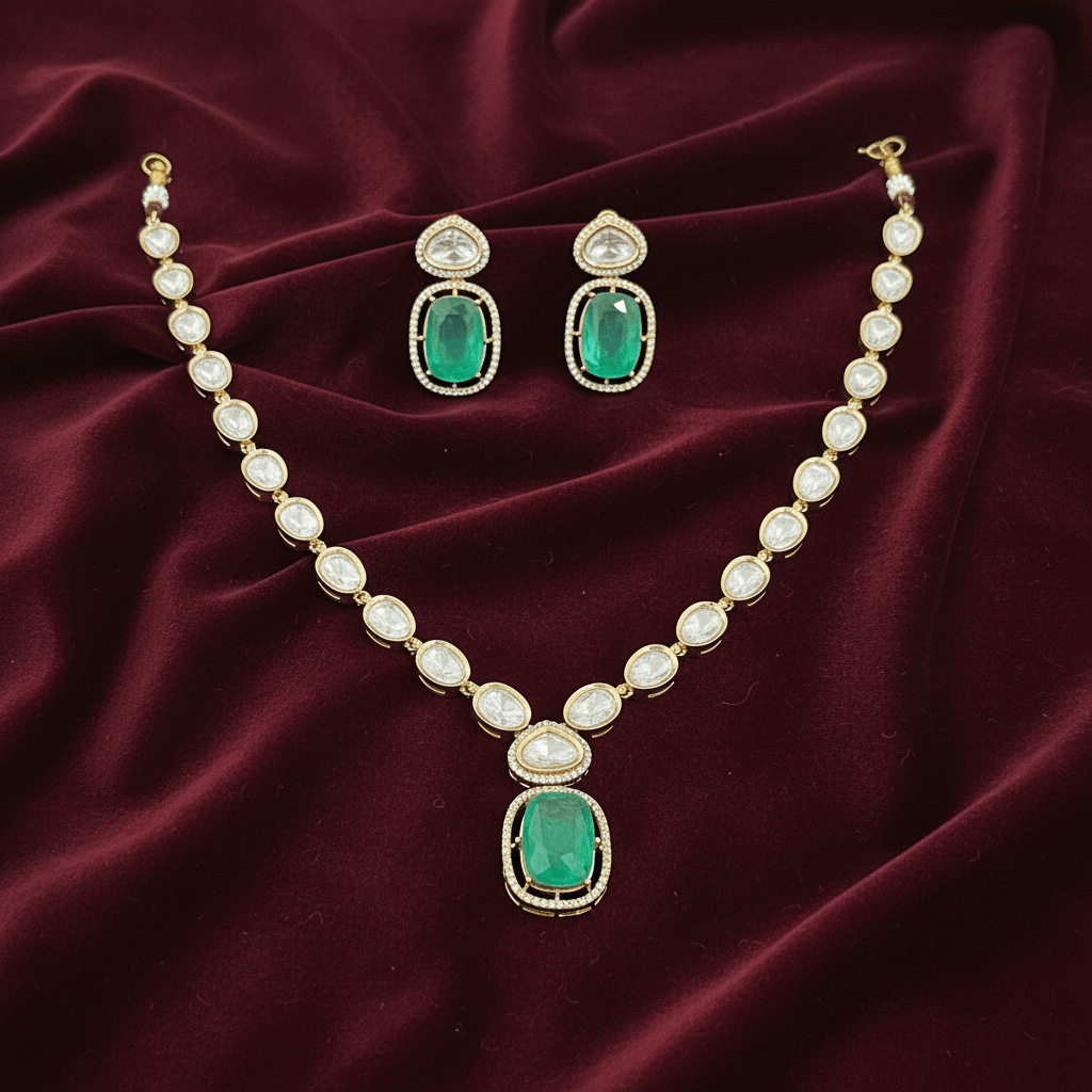 Jaya caret plated necklace set on burgundy velvet luxury product shot
