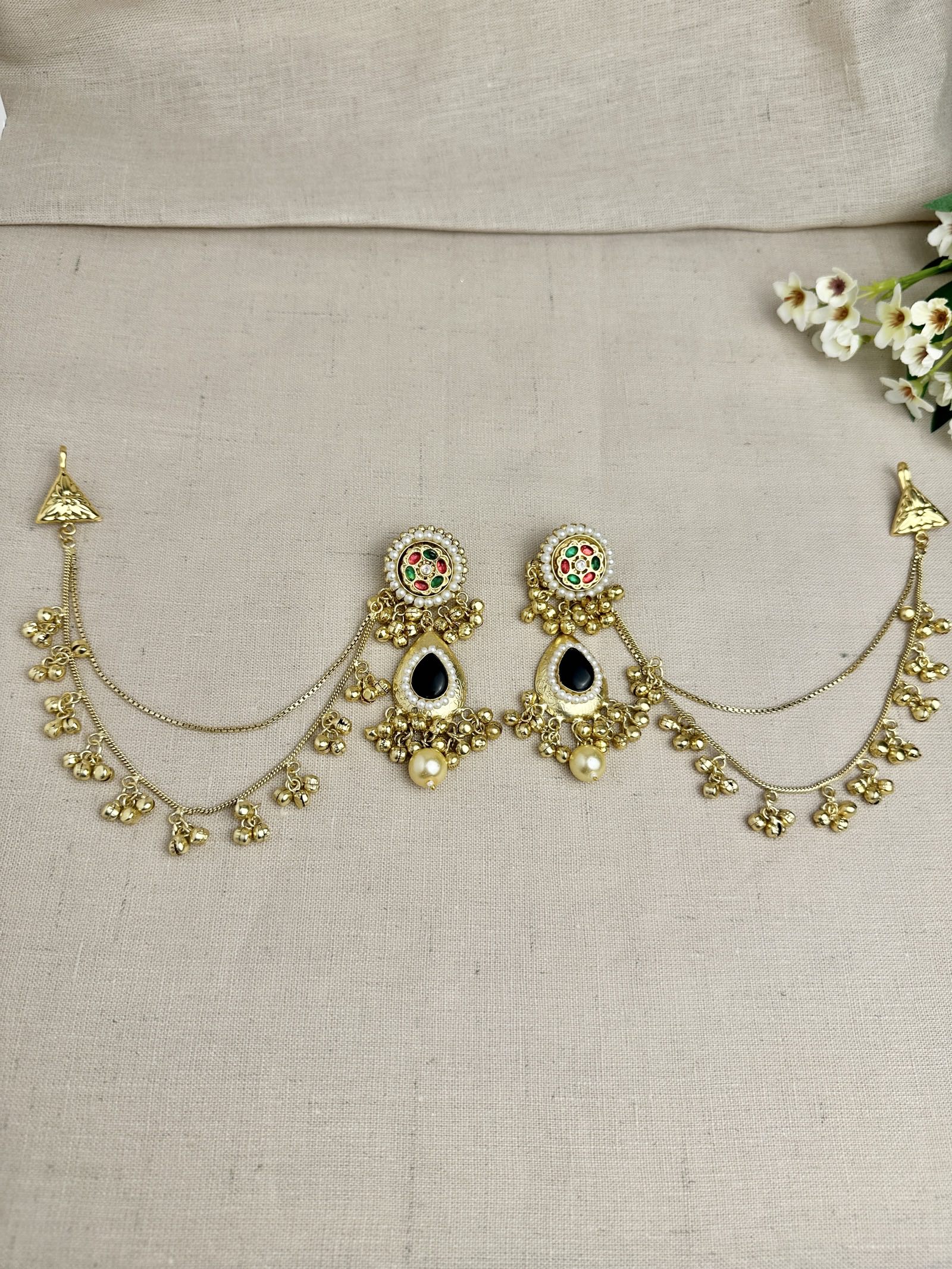  Kanika multicolour Pachi Kundan statement earrings in Black with Sahara ear chains