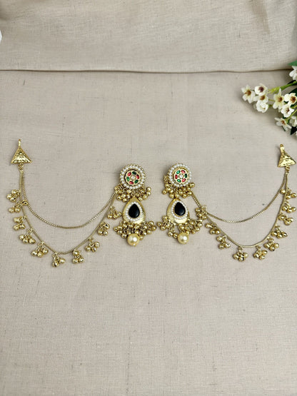  Kanika multicolour Pachi Kundan statement earrings in Black with Sahara ear chains