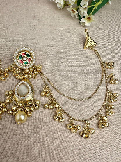     Attached Sahara ear-chain detail on Kanika Golden statement earrings
