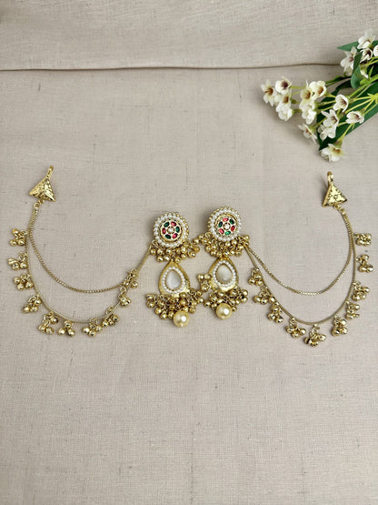     Kanika multicolour Pachi Kundan statement earrings in Golden with Sahara ear chains