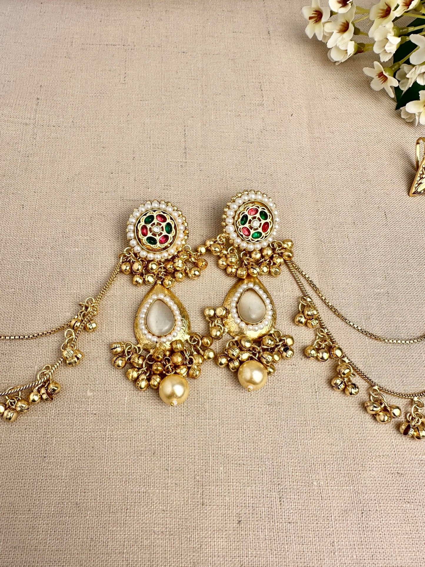     Kanika Golden statement earrings showing Pachi Kundan and pearl details