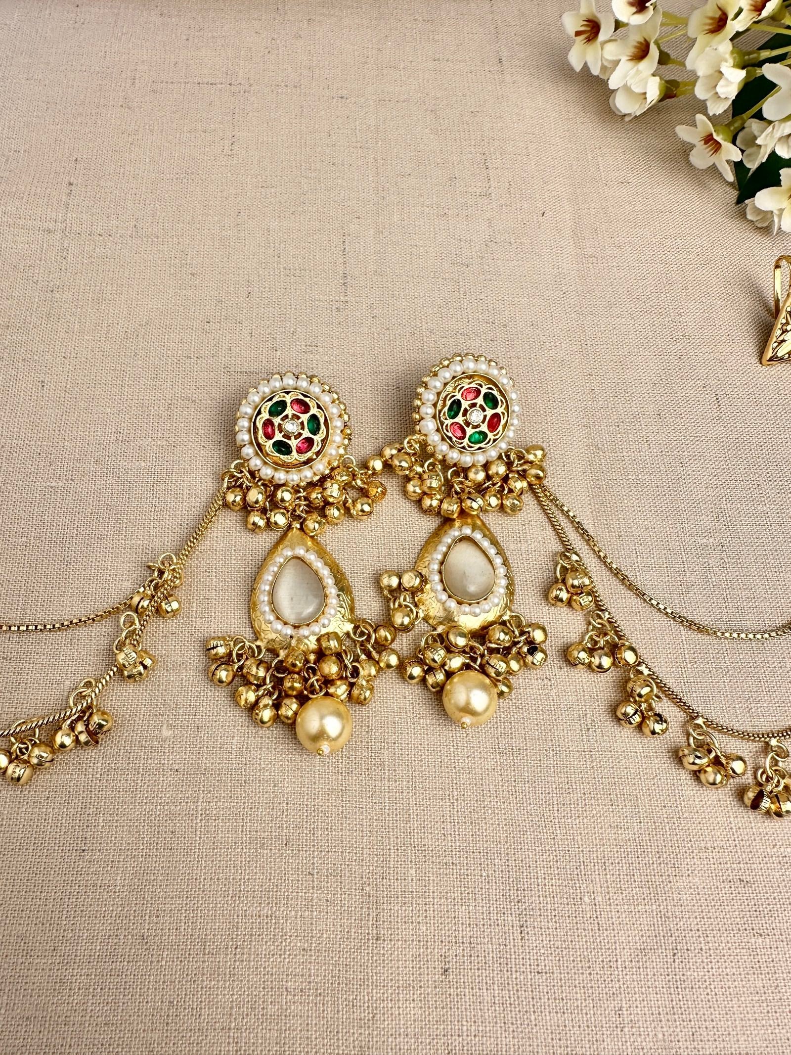     Kanika Golden statement earrings showing Pachi Kundan and pearl details