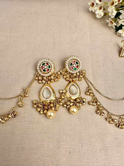     Kanika Golden statement earrings showing Pachi Kundan and pearl details