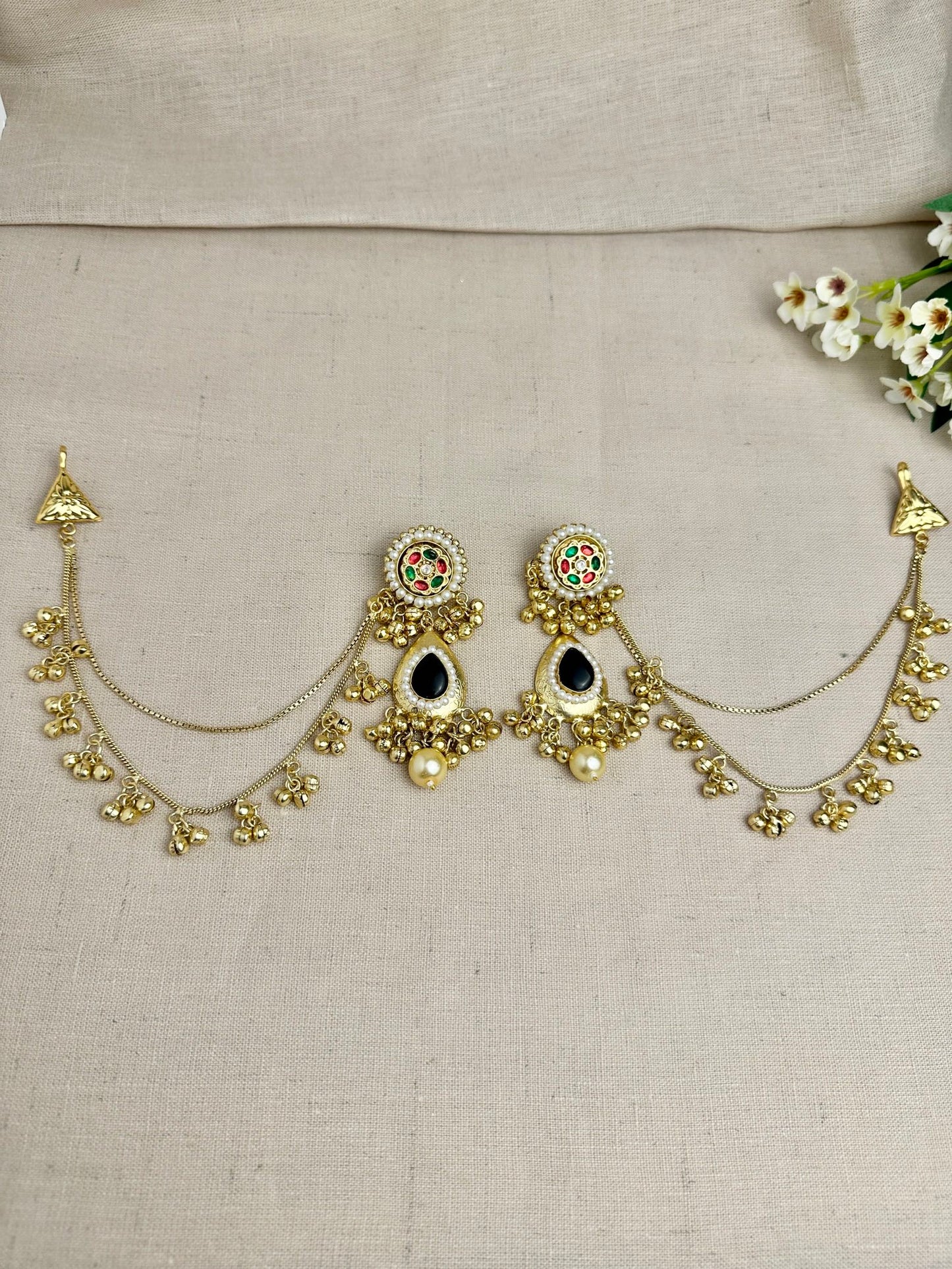  Kanika multicolour Pachi Kundan statement earrings in Black with Sahara ear chains