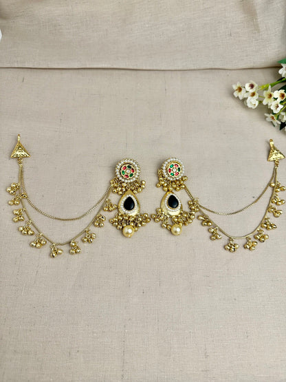  Kanika multicolour Pachi Kundan statement earrings in Black with Sahara ear chains