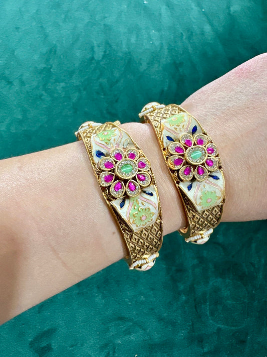 Aaradhya Gold Plated Meenakari Kundan Kangans – Set of 2