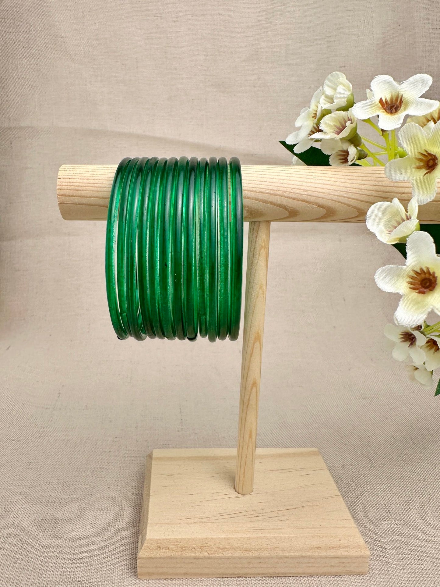 Green Mayra Jelly Glass Bangles displayed as a set of 12