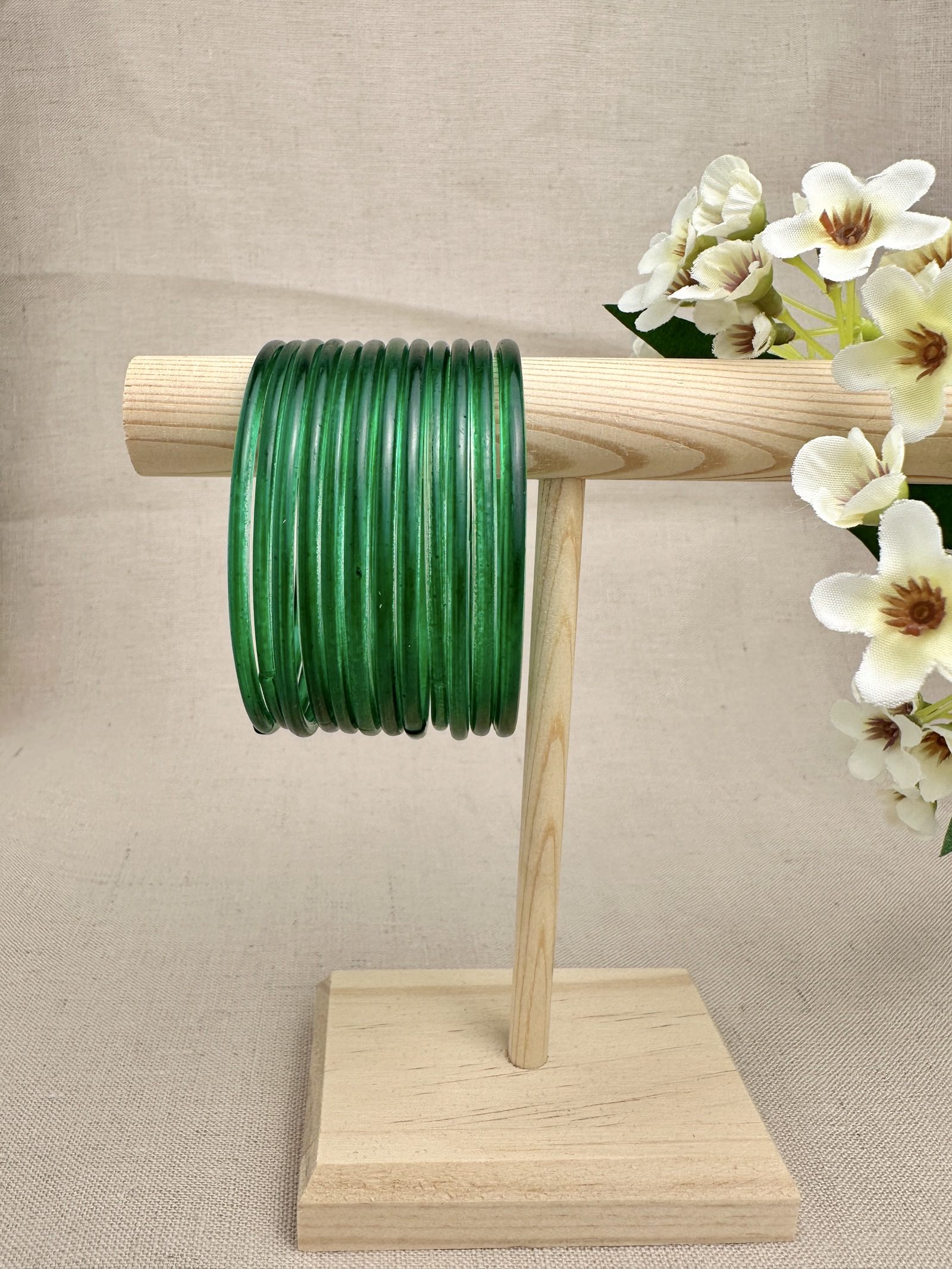 Green Mayra Jelly Glass Bangles displayed as a set of 12