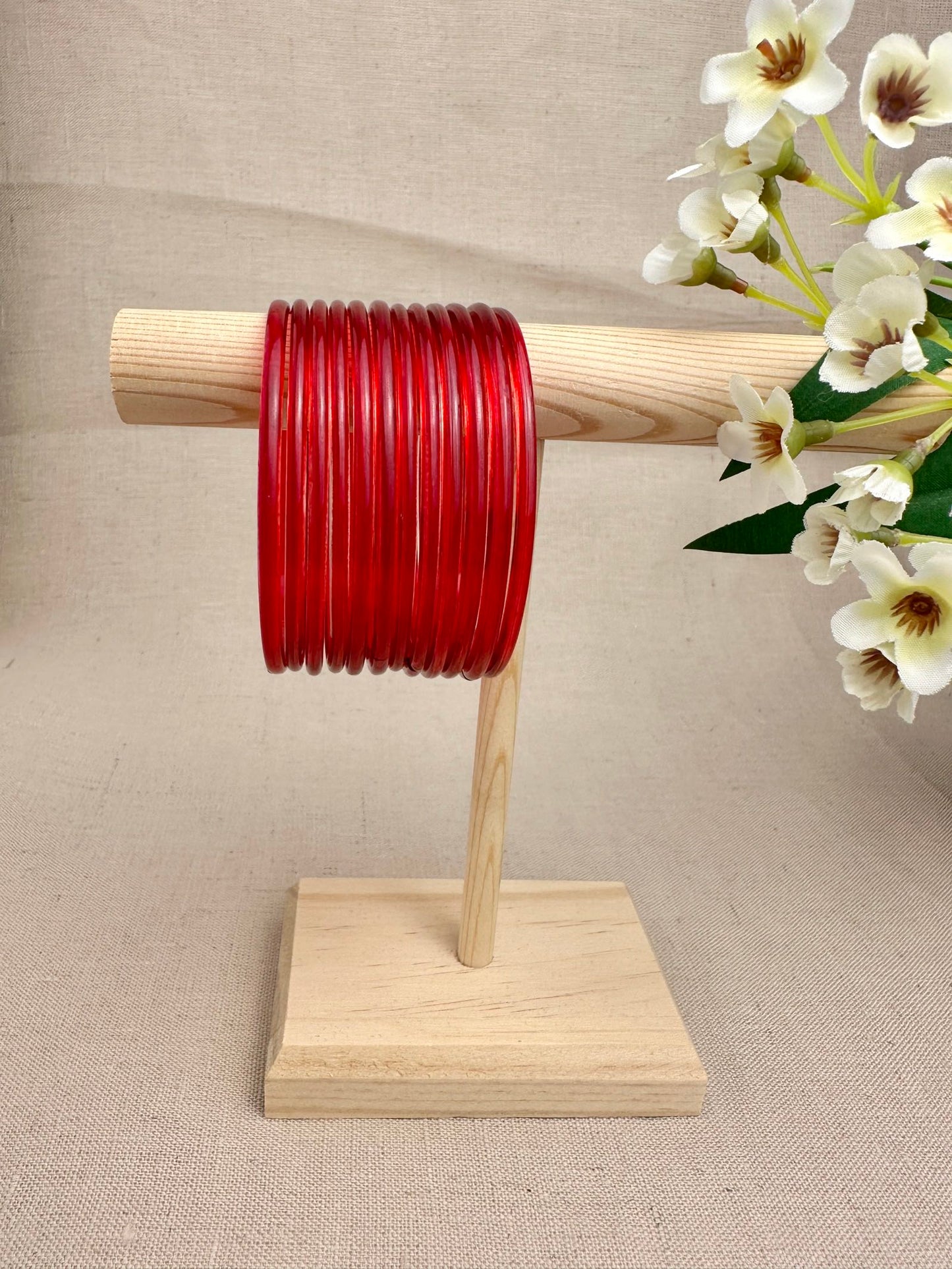 Red Mayra Jelly Glass Bangles displayed as a set of 12