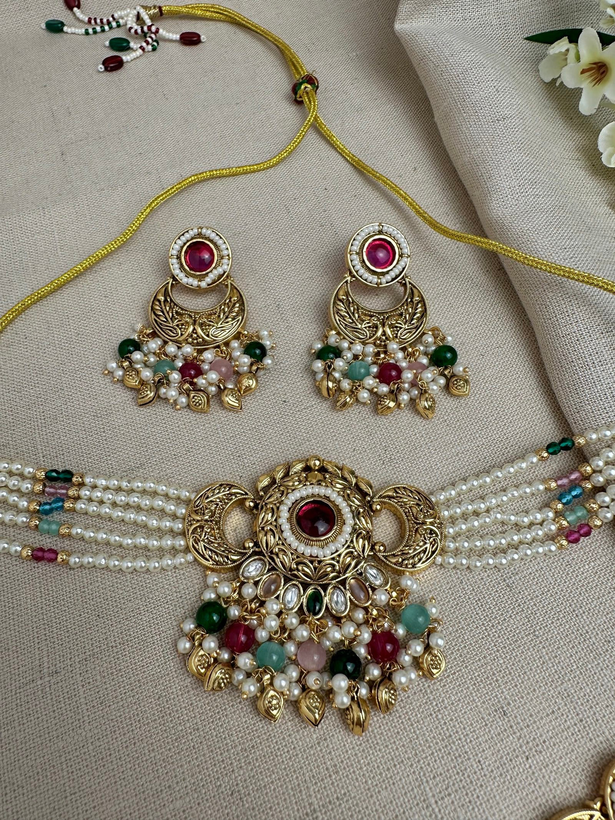 Meher Antique Gold Pearl Choker Set with Earrings & Tikka