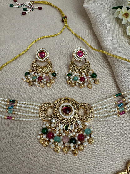 Meher Antique Gold Pearl Choker Set with Earrings & Tikka