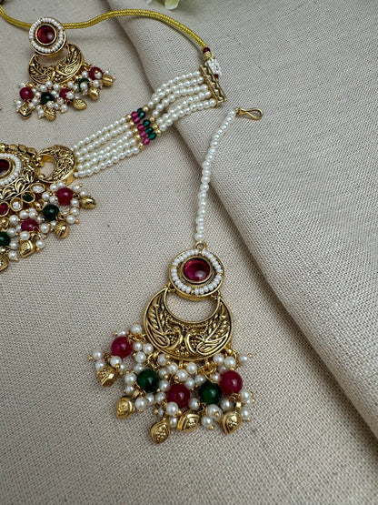 Meher Antique Gold Pearl Choker Set with Earrings & Tikka