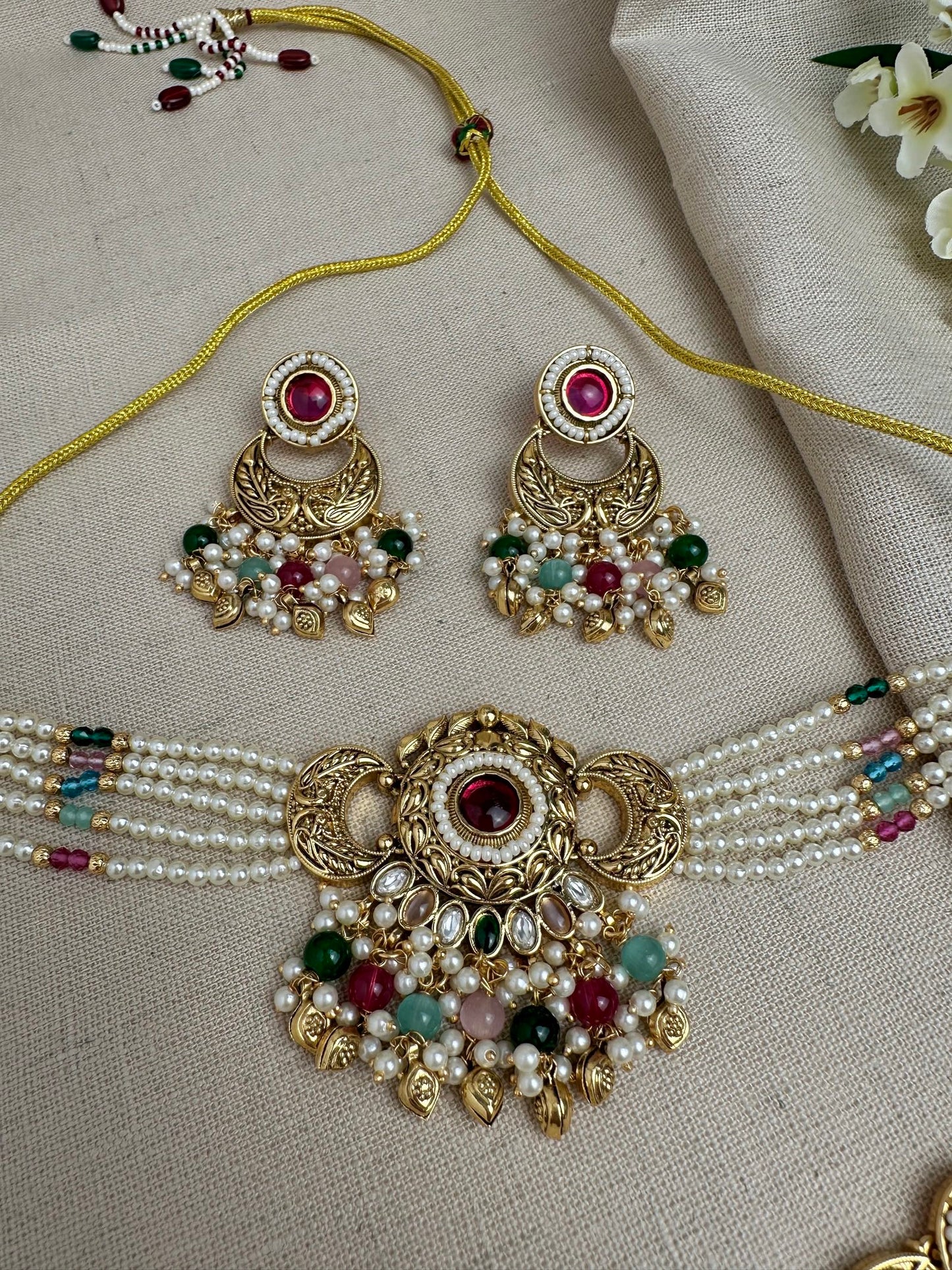 Meher Antique Gold Pearl Choker Set with Earrings & Tikka
