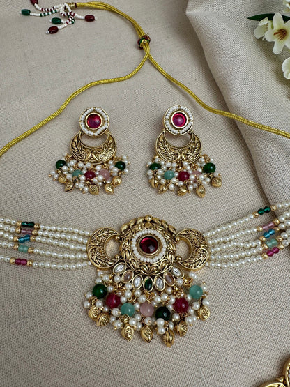 Meher Antique Gold Pearl Choker Set with Earrings & Tikka