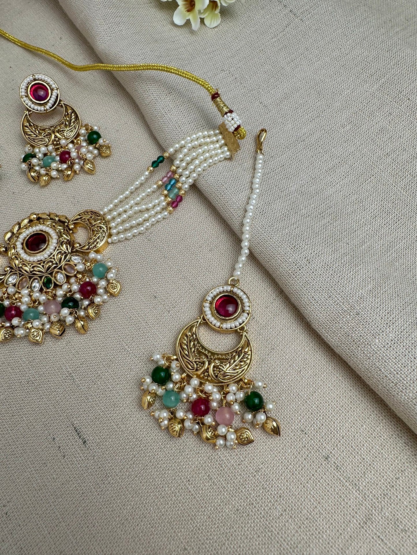 Meher Antique Gold Pearl Choker Set with Earrings & Tikka
