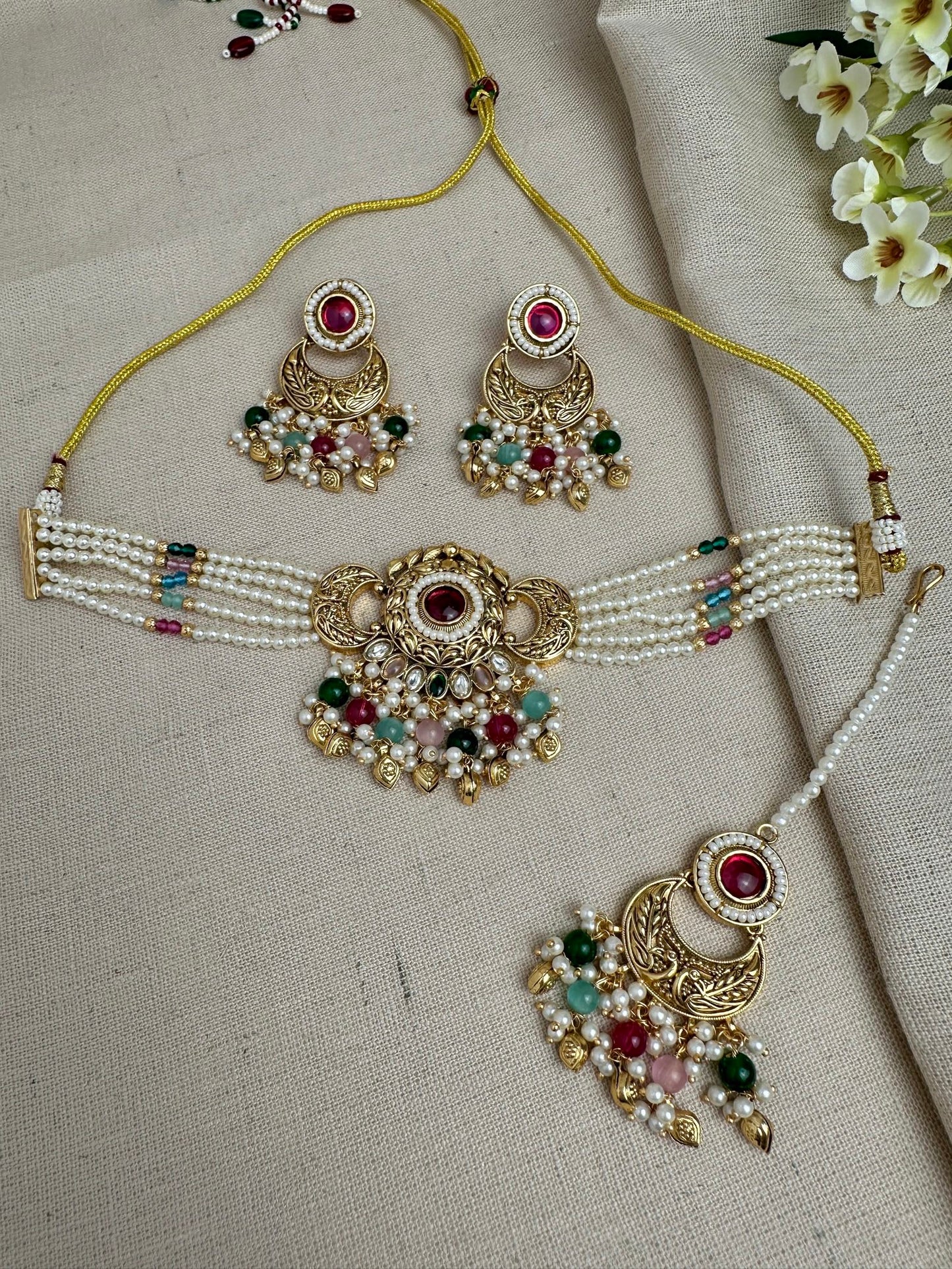 Meher Antique Gold Pearl Choker Set with Earrings & Tikka
