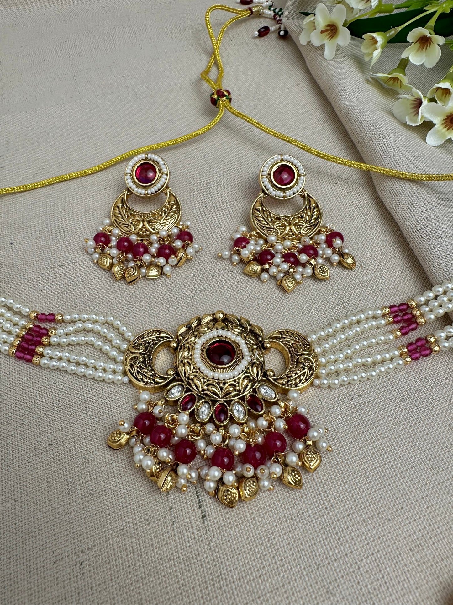 Meher Antique Gold Pearl Choker Set with Earrings & Tikka