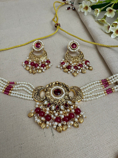 Meher Antique Gold Pearl Choker Set with Earrings & Tikka