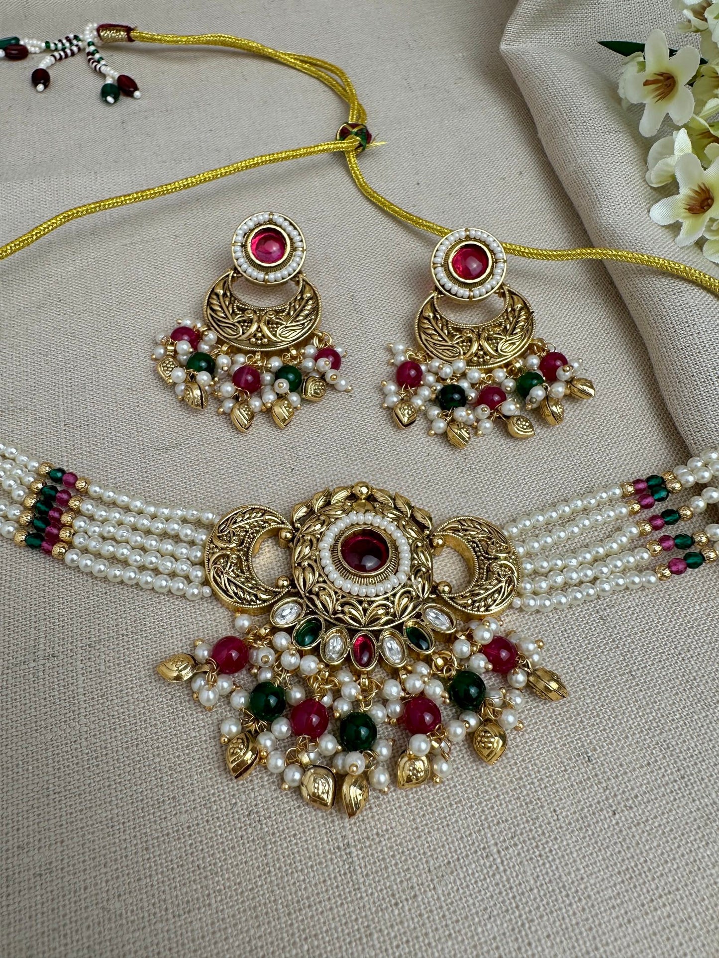 Meher Antique Gold Pearl Choker Set with Earrings & Tikka