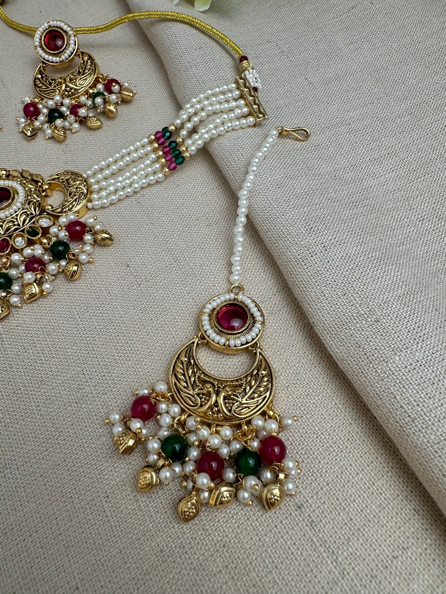 Meher Antique Gold Pearl Choker Set with Earrings & Tikka