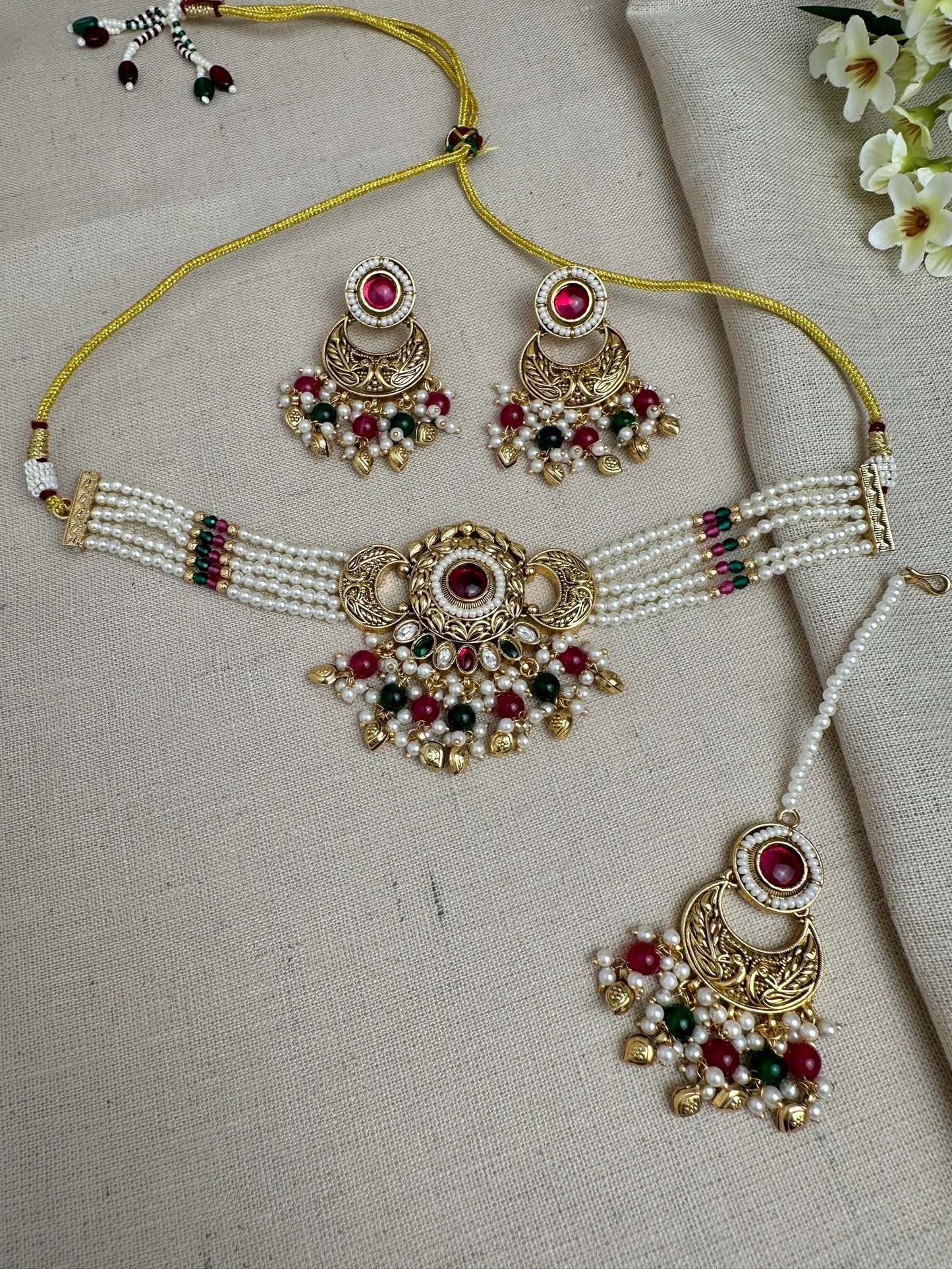 Meher Antique Gold Pearl Choker Set with Earrings & Tikka