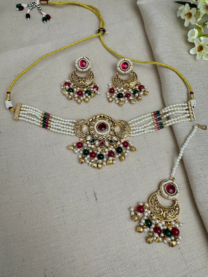 Meher Antique Gold Pearl Choker Set with Earrings & Tikka