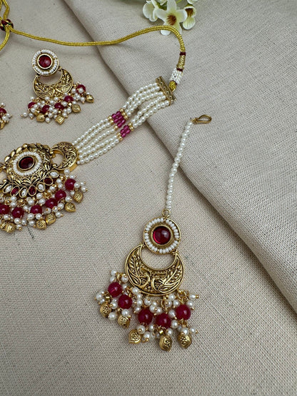 Meher Antique Gold Pearl Choker Set with Earrings & Tikka